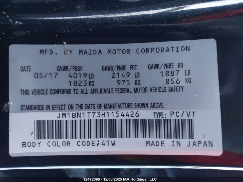 2017 Mazda 3 Se VIN: JM1BN1T73H1154426 Lot: 12472060