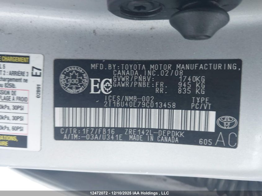 2009 Toyota Corolla S/Le/Xle VIN: 2T1BU40E79C013458 Lot: 12472072