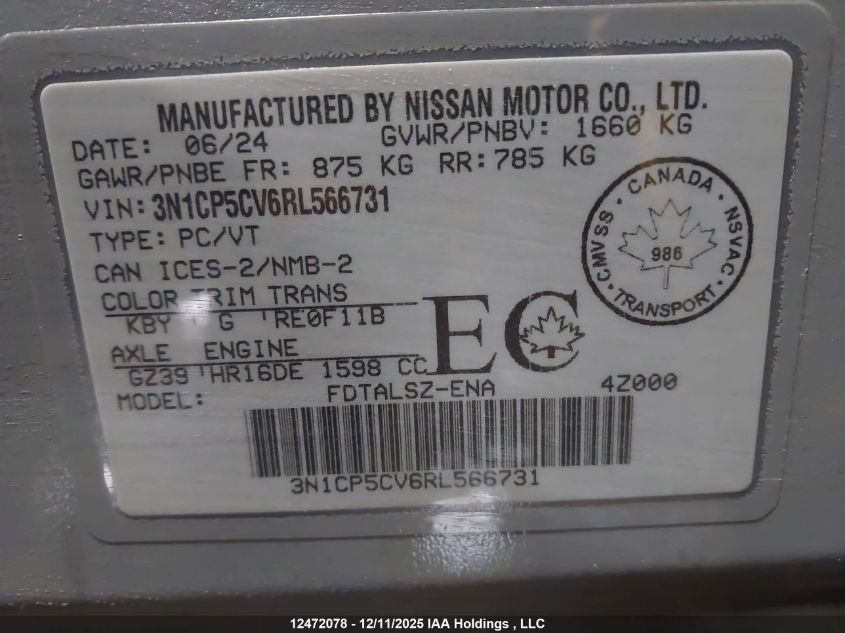 2024 Nissan Kicks Sv VIN: 3N1CP5CV6RL566731 Lot: 12472078