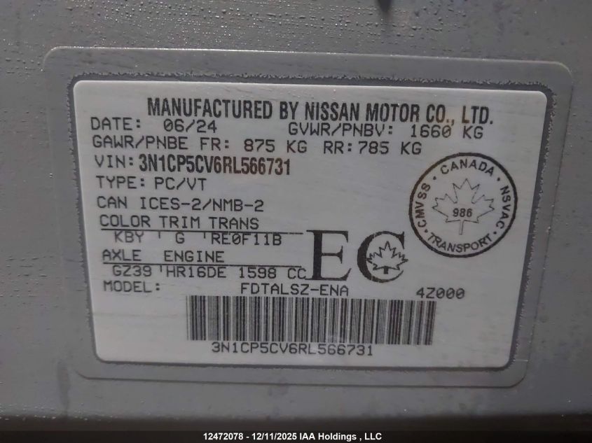 2024 Nissan Kicks Sv VIN: 3N1CP5CV6RL566731 Lot: 12472078