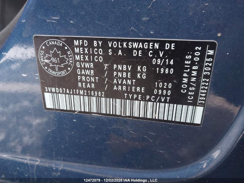 2015 Volkswagen Jetta VIN: 3VWD07AJ1FM216962 Lot: 12472079