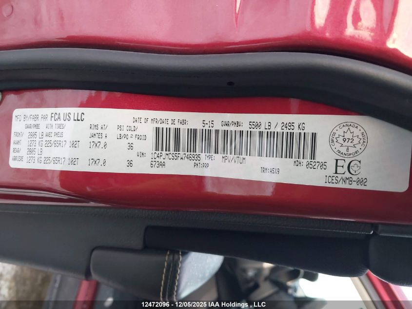 2015 Jeep Cherokee North VIN: 1C4PJMCS5FW746935 Lot: 12472096