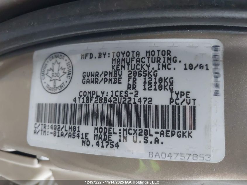 2002 Toyota Avalon Xl/Xls VIN: 4T1BF28B42U221472 Lot: 12457222X