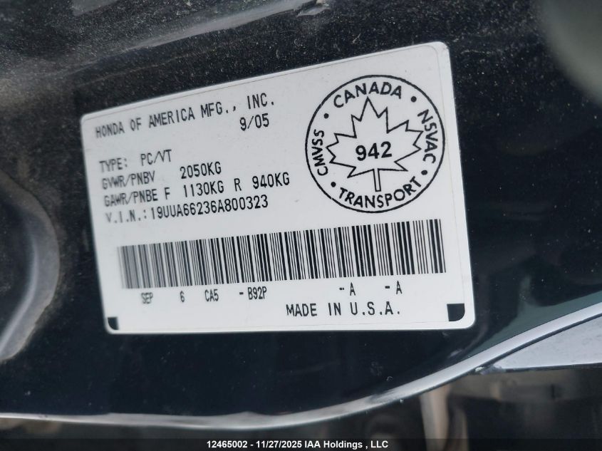 2006 Acura Tl VIN: 19UUA66236A800323 Lot: 12465002X