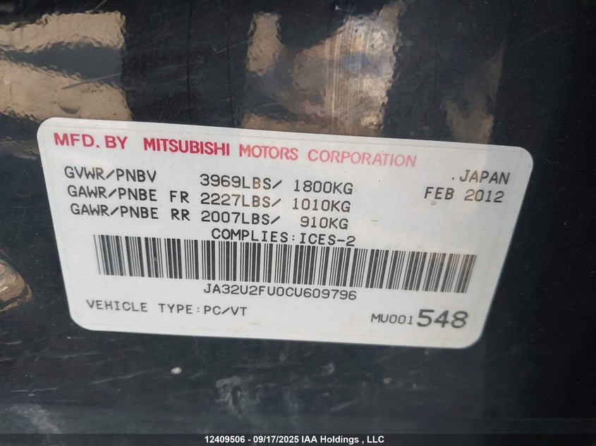 2012 Mitsubishi Lancer Se VIN: JA32U2FU0CU609796 Lot: 12409506X