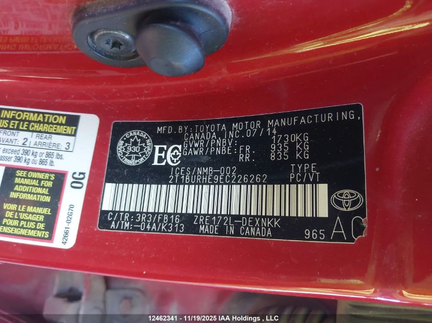 2014 Toyota Corolla Le VIN: 2T1BURHE9EC226262 Lot: 12462341X