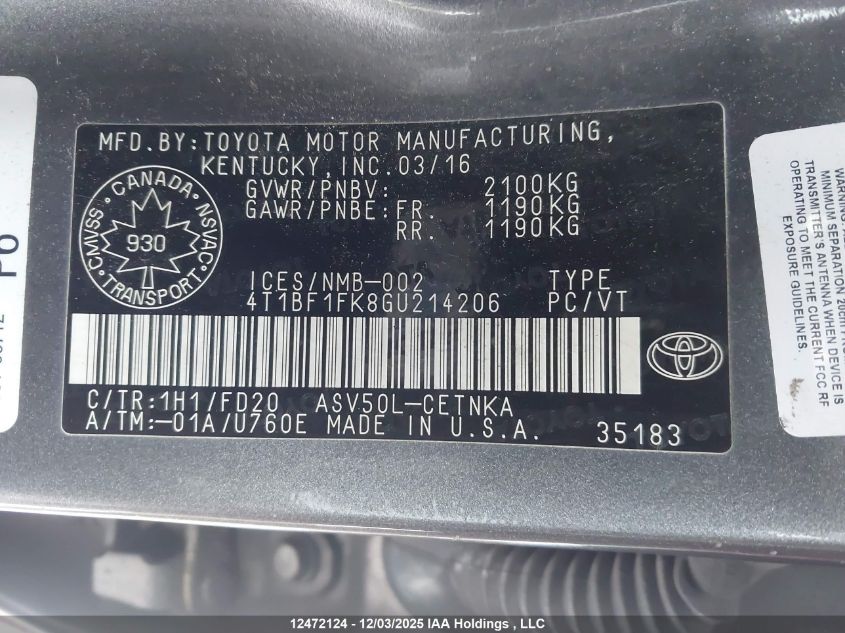 2016 Toyota Camry VIN: 4T1BF1FK8GU214206 Lot: 12472124