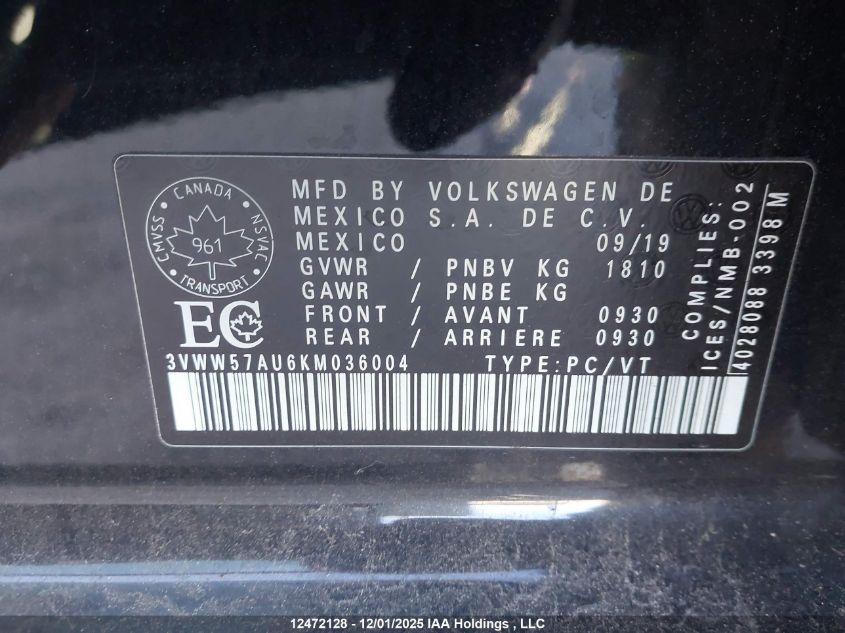 2019 Volkswagen Golf S/Se VIN: 3VWW57AU6KM036004 Lot: 12472128