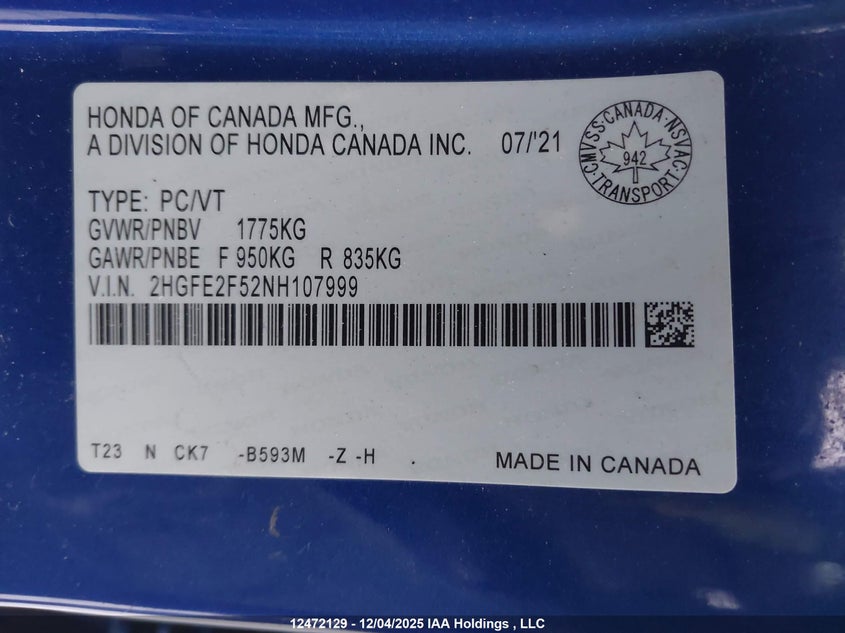 2HGFE2F52NH107999 2022 HONDA CIVIC photo no. 9