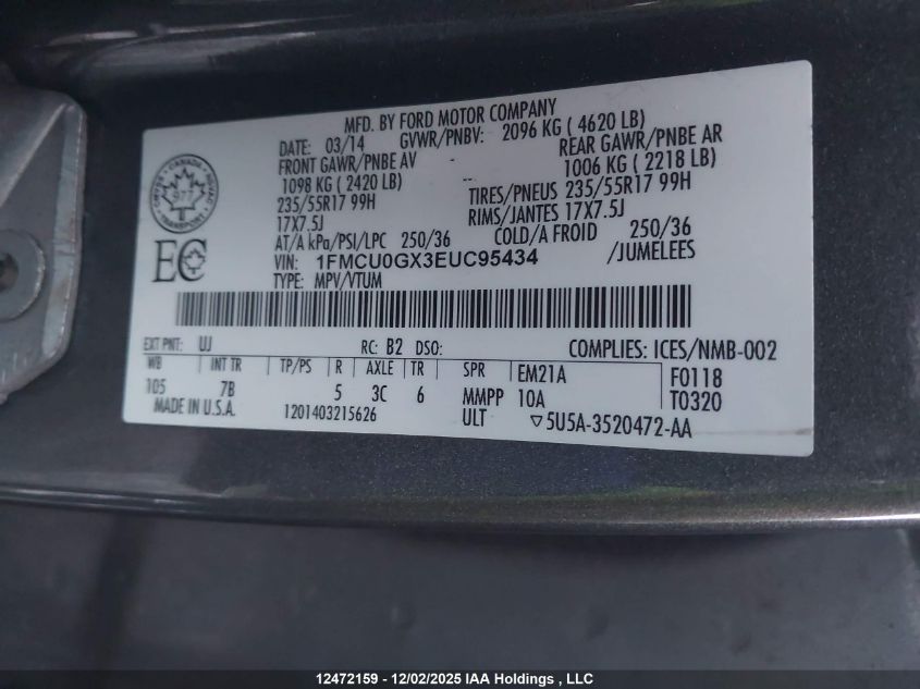 2014 Ford Escape Se VIN: 1FMCU0GX3EUC95434 Lot: 12472159