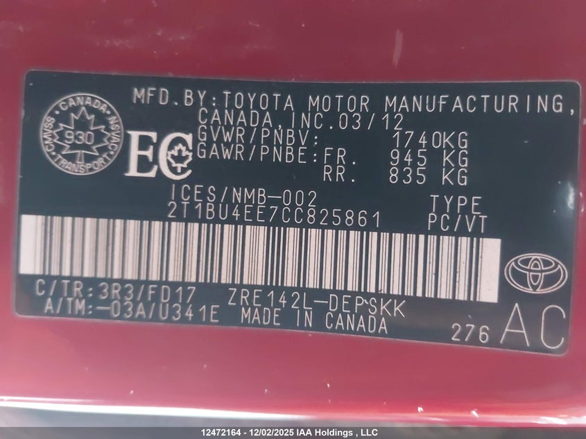 2T1BU4EE7CC825861 2012 TOYOTA COROLLA photo no. 9