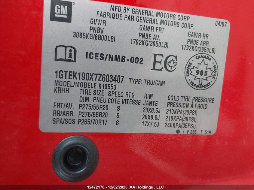 1GTEK190X7Z603407 2007 GMC  photo no. 9