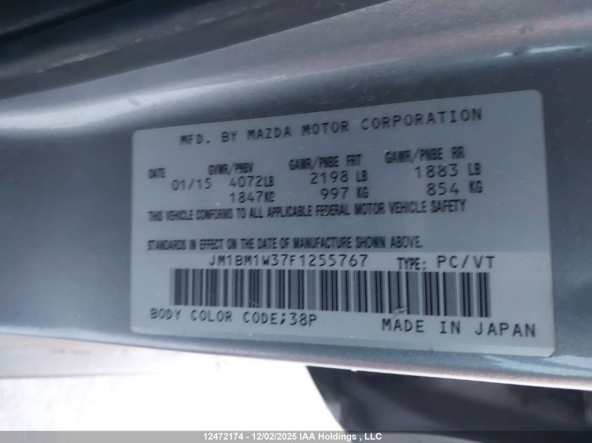 2015 Mazda Mazda3 Gt VIN: JM1BM1W37F1255767 Lot: 12472174