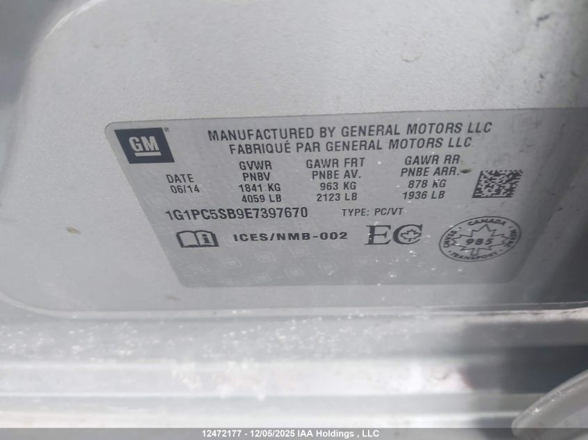 2014 Chevrolet Cruze Lt VIN: 1G1PC5SB9E7397670 Lot: 12472177