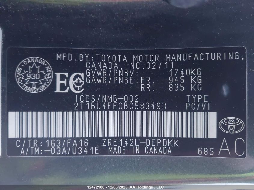 2011 Toyota Corolla Ce VIN: 2T1BU4EE0BC583493 Lot: 12472180