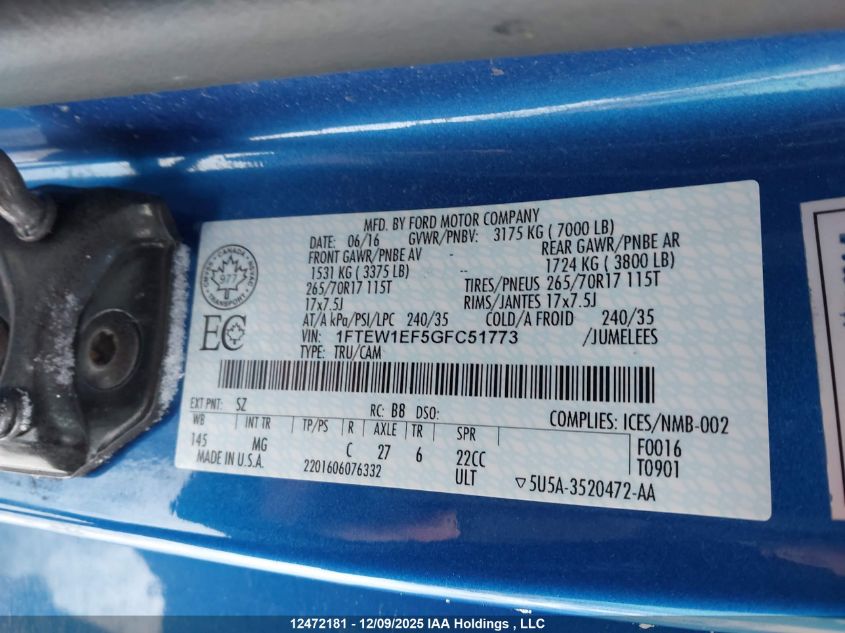 2016 Ford F150 Supercrew VIN: 1FTEW1EF5GFC51773 Lot: 12472181