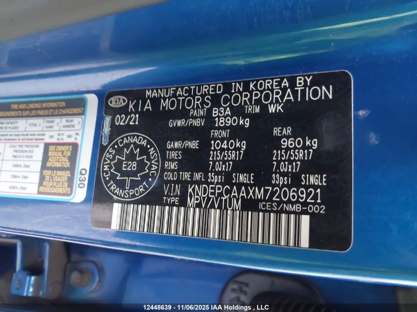 2021 Kia Seltos Lx VIN: KNDEPCAAXM7206921 Lot: 12448639X