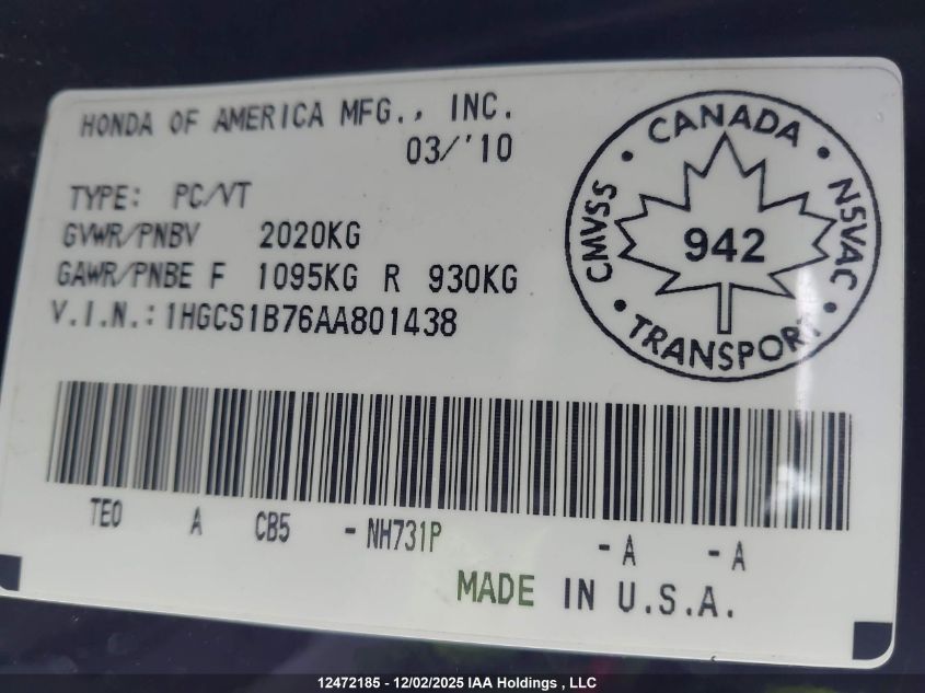 2010 Honda Accord Ex VIN: 1HGCS1B76AA801438 Lot: 12472185