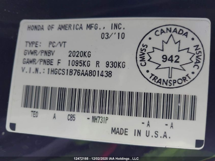 2010 Honda Accord Ex VIN: 1HGCS1B76AA801438 Lot: 12472185