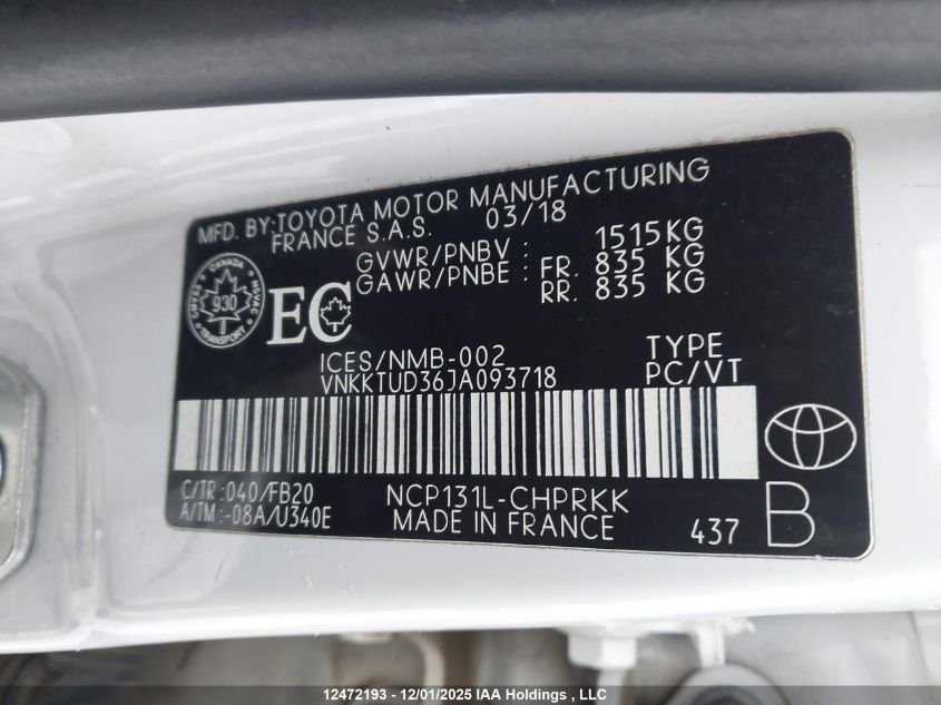 2018 Toyota Yaris L/Le/Se VIN: VNKKTUD36JA093718 Lot: 12472193