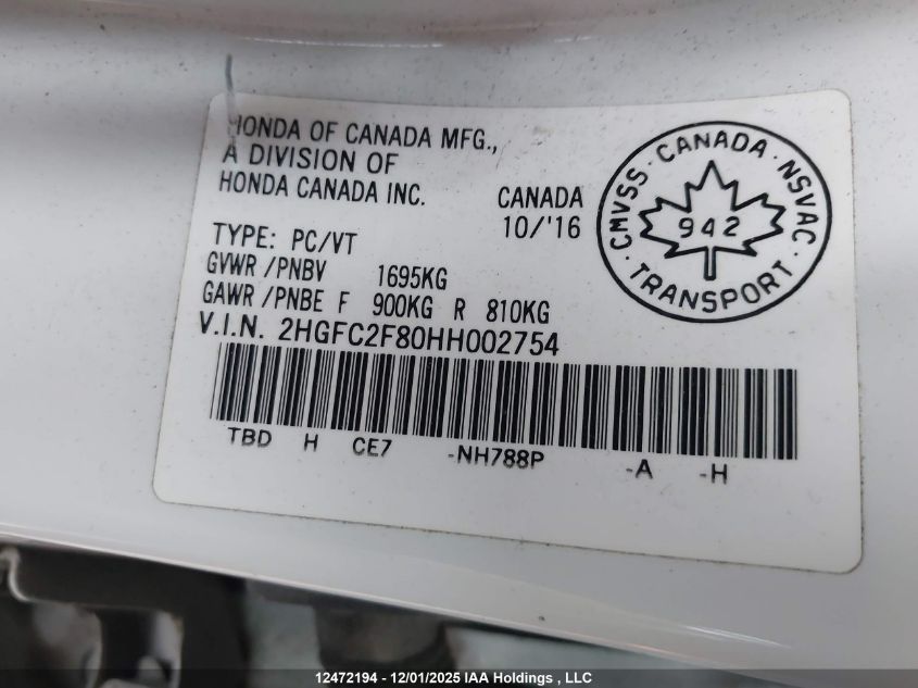 2017 Honda Civic Ex VIN: 2HGFC2F80HH002754 Lot: 12472194