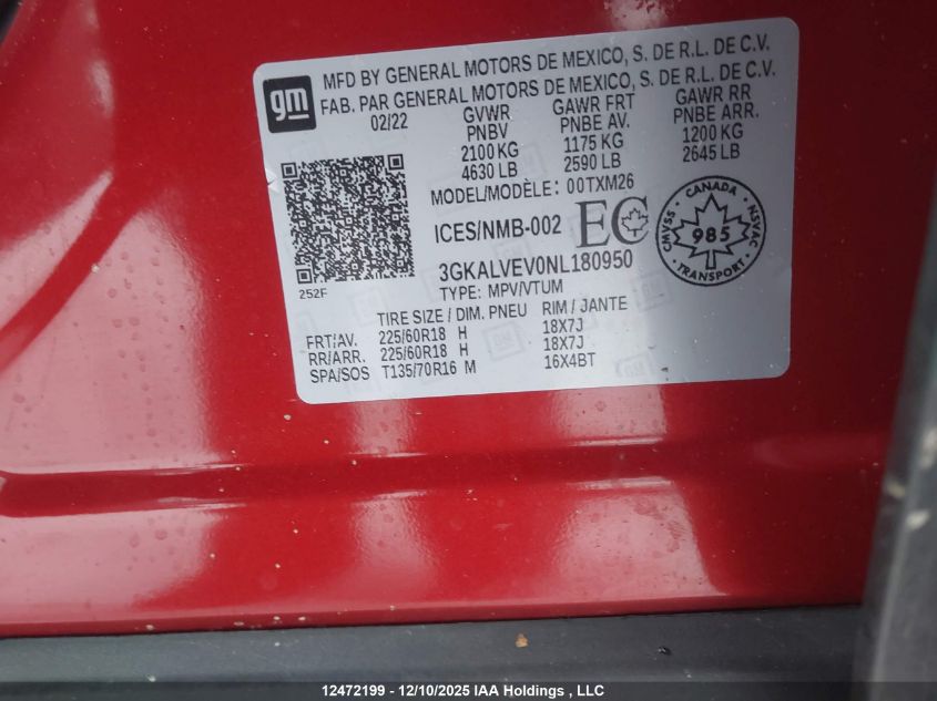 2022 GMC Terrain Slt VIN: 3GKALVEV0NL180950 Lot: 12472199