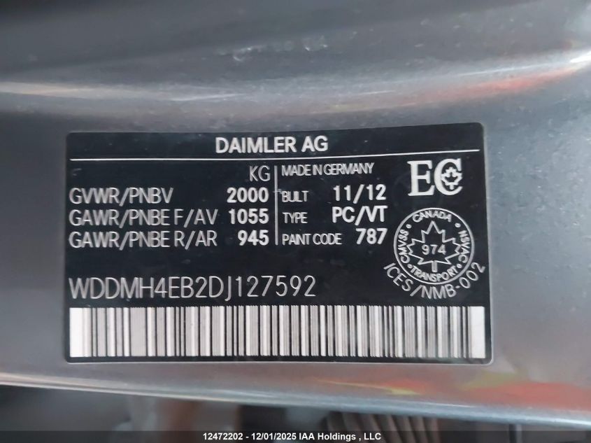 2013 Mercedes-Benz B250 VIN: WDDMH4EB2DJ127592 Lot: 12472202