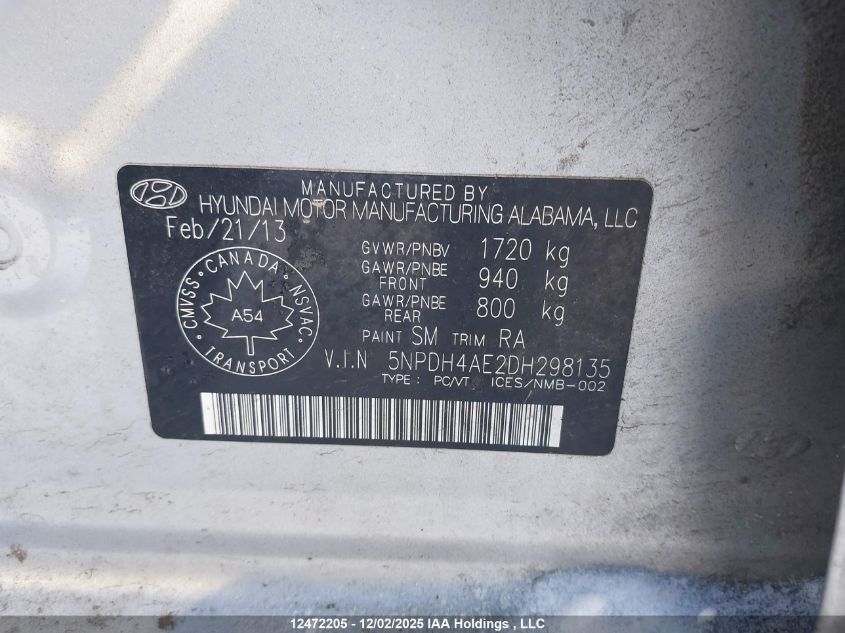 2013 Hyundai Elantra L VIN: 5NPDH4AE2DH298135 Lot: 12472205