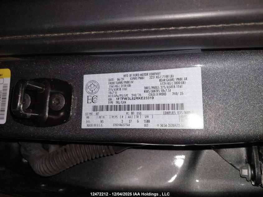 2024 Ford F150 Xlt VIN: 1FTFW3L82RKE23319 Lot: 12472212