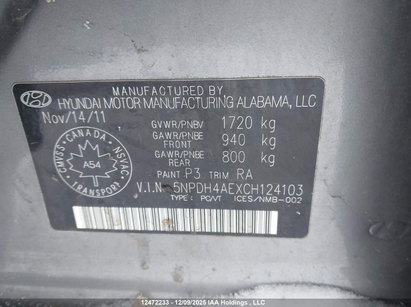 2012 Hyundai Elantra VIN: 5NPDH4AEXCH124103 Lot: 12472233