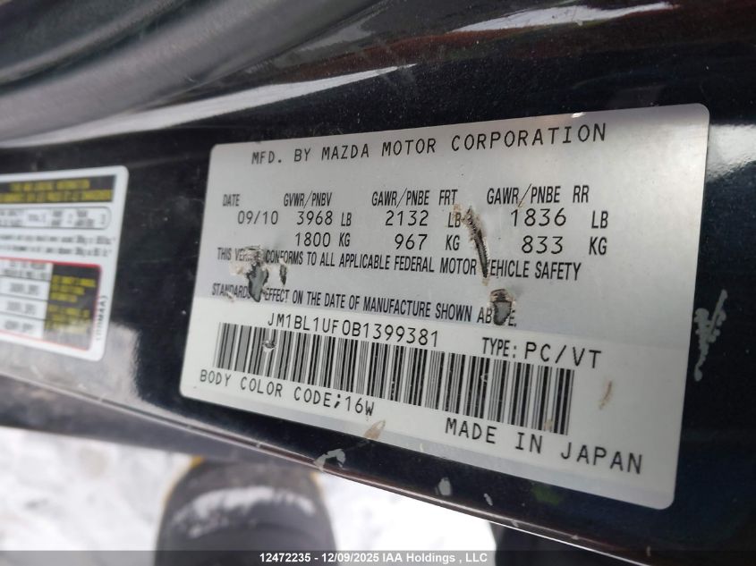 2011 Mazda Mazda3 Gx VIN: JM1BL1UF0B1399381 Lot: 12472235