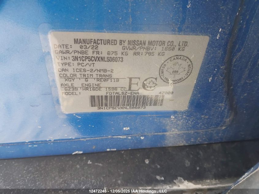 2022 Nissan Kicks Sv VIN: 3N1CP5CVXNL506073 Lot: 12472245