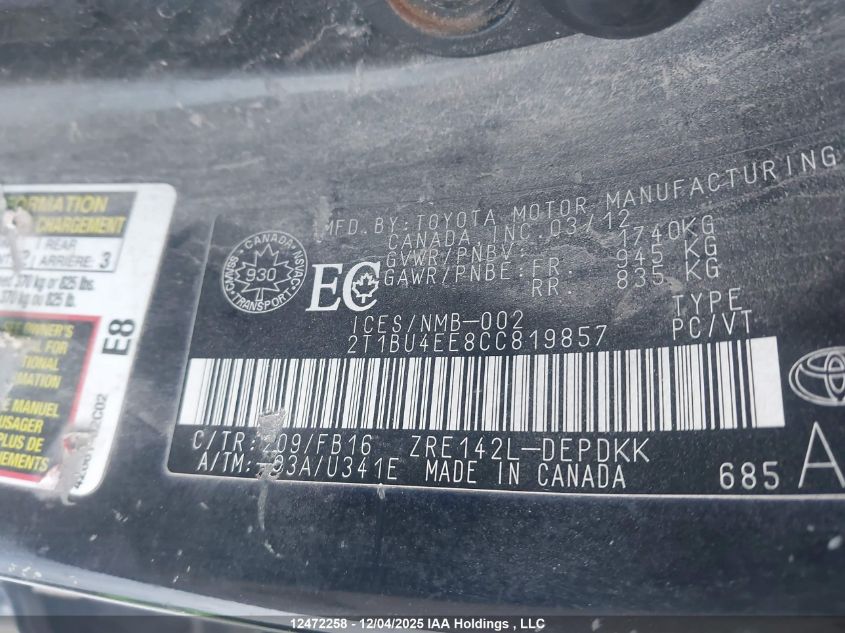 2012 Toyota Corolla S/Le VIN: 2T1BU4EE8CC819857 Lot: 12472258