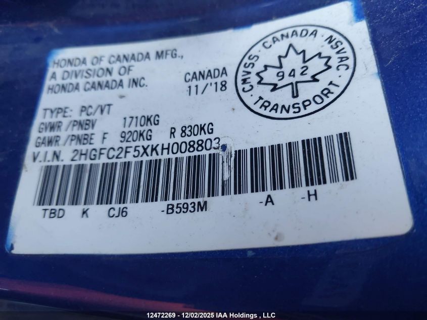 2019 Honda Civic Lx VIN: 2HGFC2F5XKH008803 Lot: 12472269