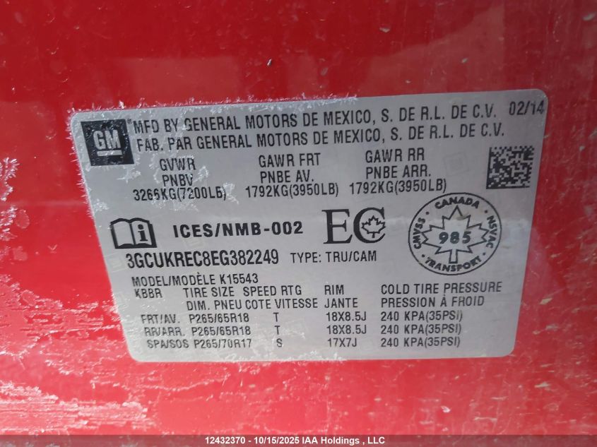 2014 Chevrolet Silverado 1500 1Lt/2Lt VIN: 3GCUKREC8EG382249 Lot: 12432370X