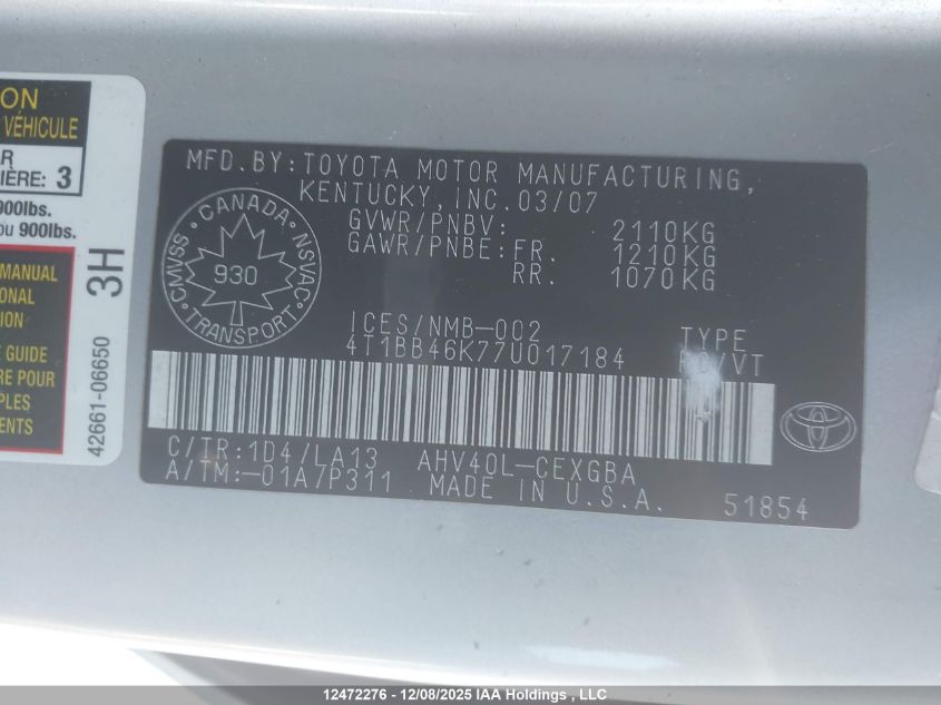 2007 Toyota Camry Hybrid VIN: 4T1BB46K77U017184 Lot: 12472276