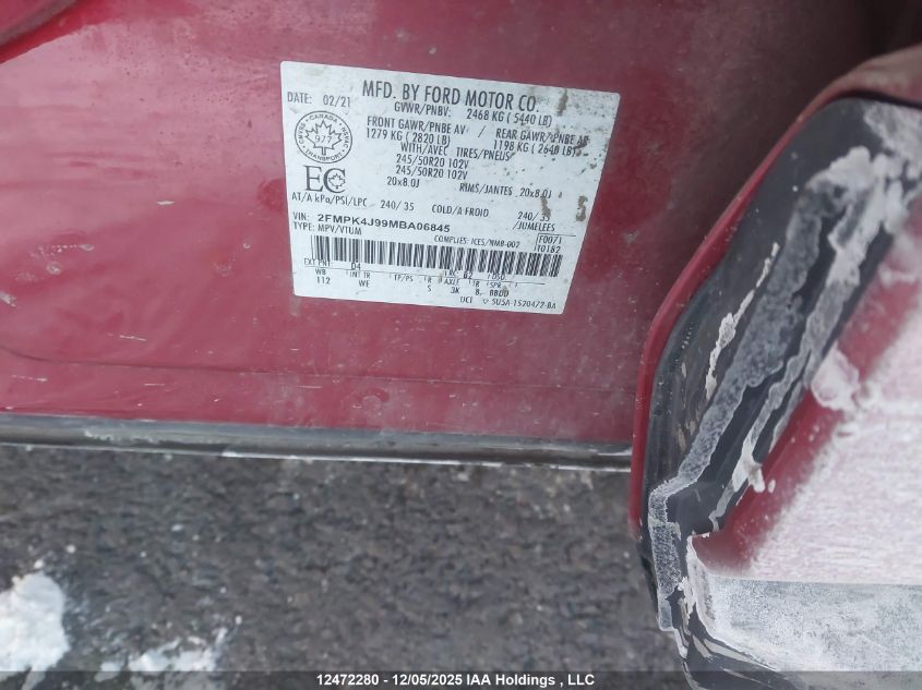 2021 Ford Edge Sel VIN: 2FMPK4J99MBA06845 Lot: 12472280