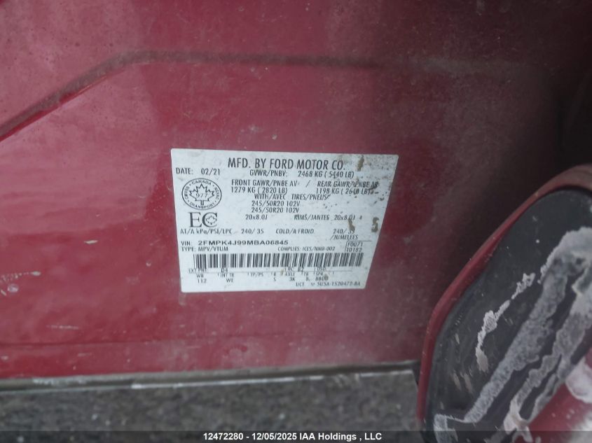 2021 Ford Edge Sel VIN: 2FMPK4J99MBA06845 Lot: 12472280