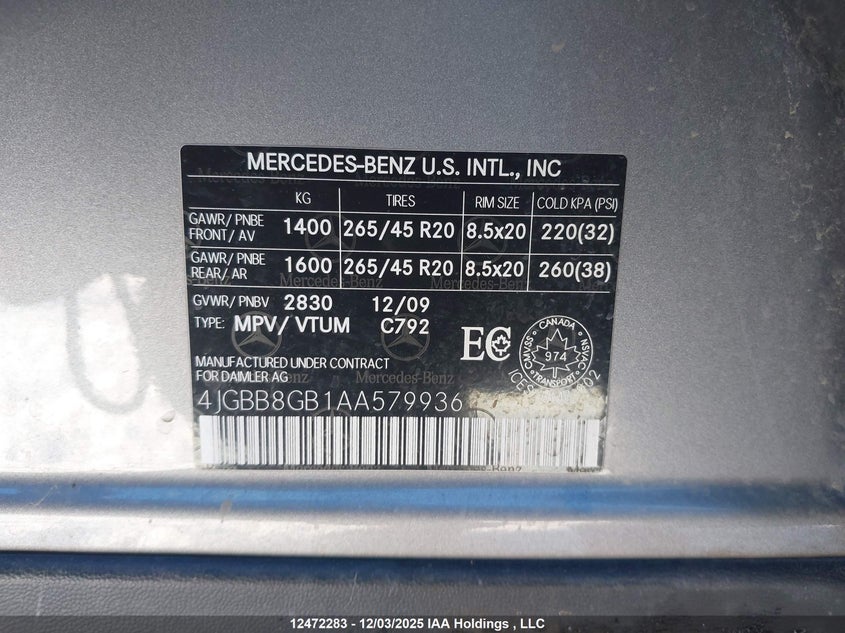 4JGBB8GB1AA579936 2010 MERCEDES-BENZ M-KLASSE photo no. 9