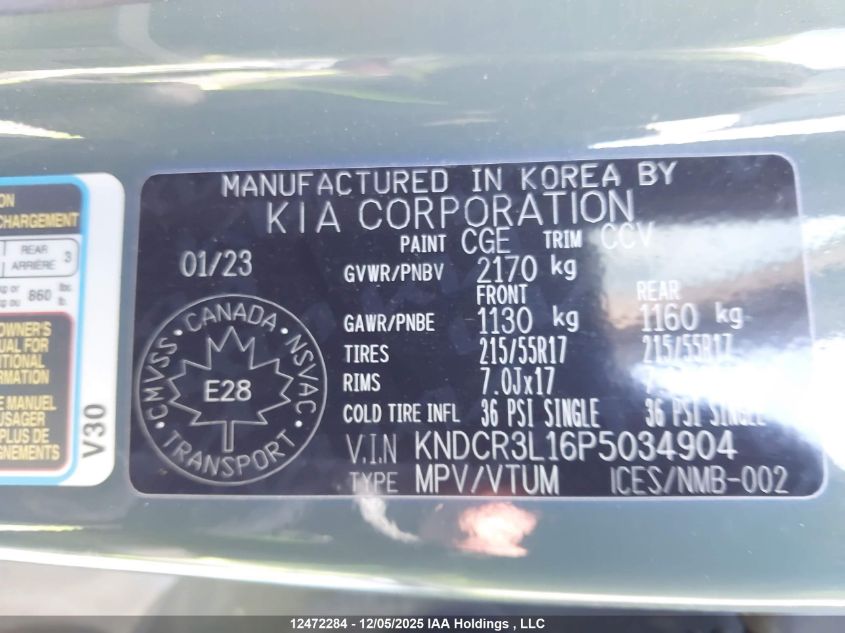 2023 Kia Niro Ev VIN: KNDCR3L16P5034904 Lot: 12472284