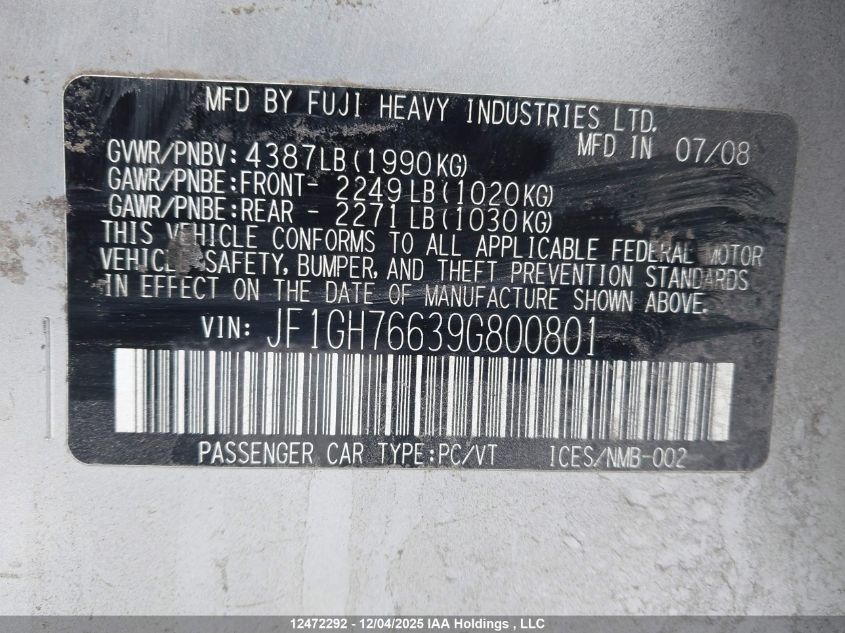 JF1GH76639G800801 2009 SUBARU IMPREZA WRX photo no. 18