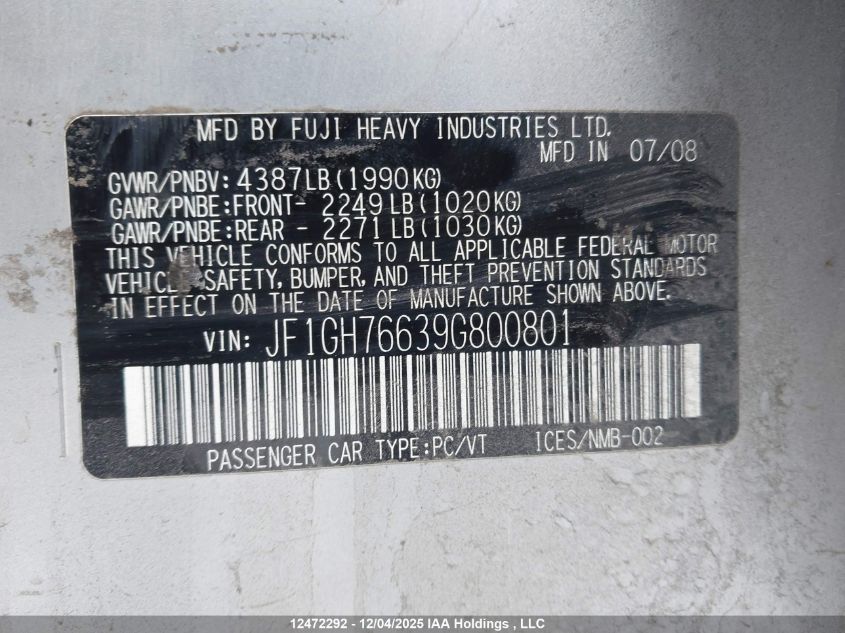 JF1GH76639G800801 2009 SUBARU IMPREZA WRX photo no. 9