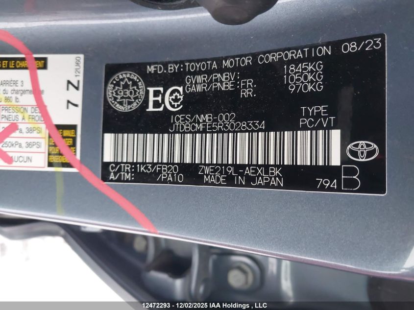 2024 Toyota Corolla Le/Se/Xle/Night Shade VIN: JTDBCMFE5R3028334 Lot: 12472293