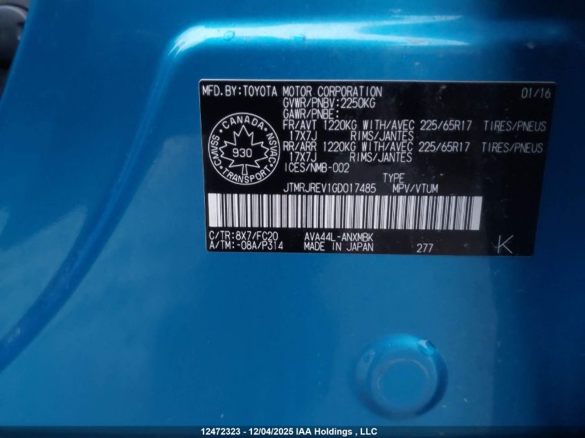 2016 Toyota Rav4 Hybrid Xle VIN: JTMRJREV1GD017485 Lot: 12472323