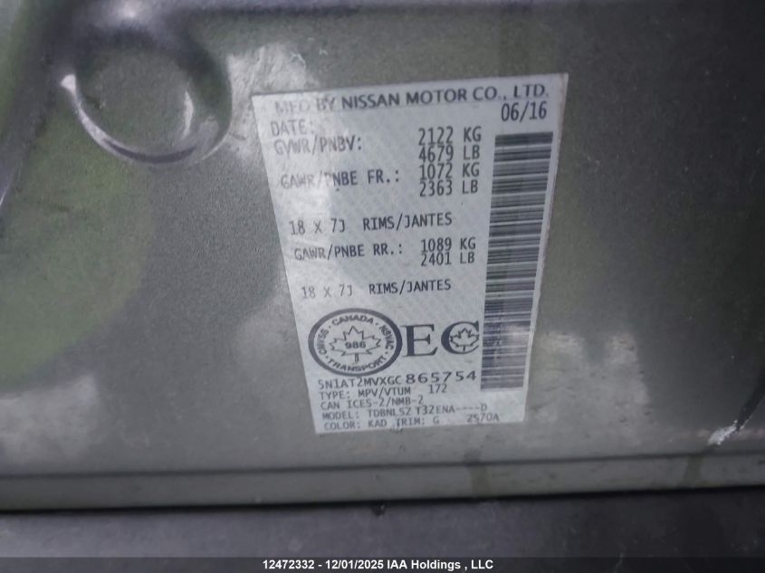 2016 Nissan Rogue S/Sl Premium/Sv VIN: 5N1AT2MVXGC865754 Lot: 12472332