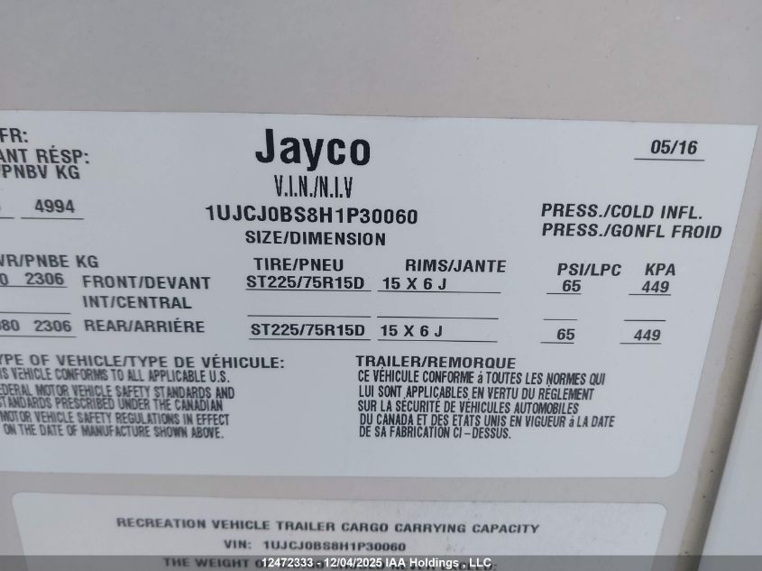 2017 Jayco Eagle VIN: 1UJCJ0BS8H1P30060 Lot: 12472333