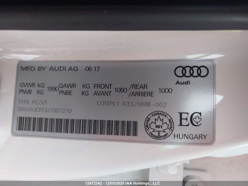 2018 Audi A3 2.0T Komfort VIN: WAUAUGFF3J1007210 Lot: 12472342