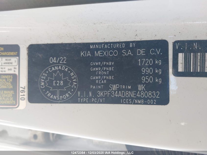 2022 Kia Forte Ex/Ex Premium/Ex+/Gt-Line VIN: 3KPF34AD8NE480832 Lot: 12472354