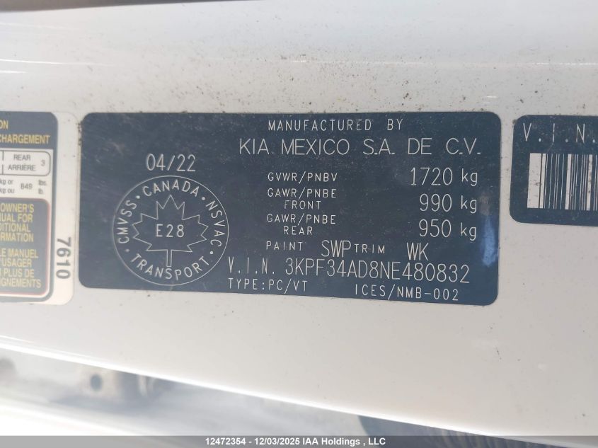 2022 Kia Forte Ex/Ex Premium/Ex+/Gt-Line VIN: 3KPF34AD8NE480832 Lot: 12472354