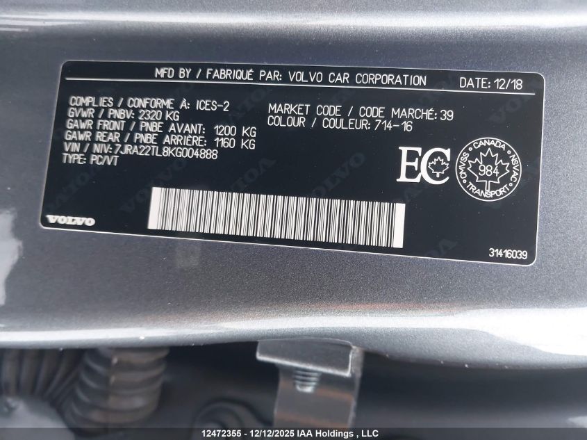 2019 Volvo S60 T6 Inscription VIN: 7JRA22TL8KG004888 Lot: 12472355